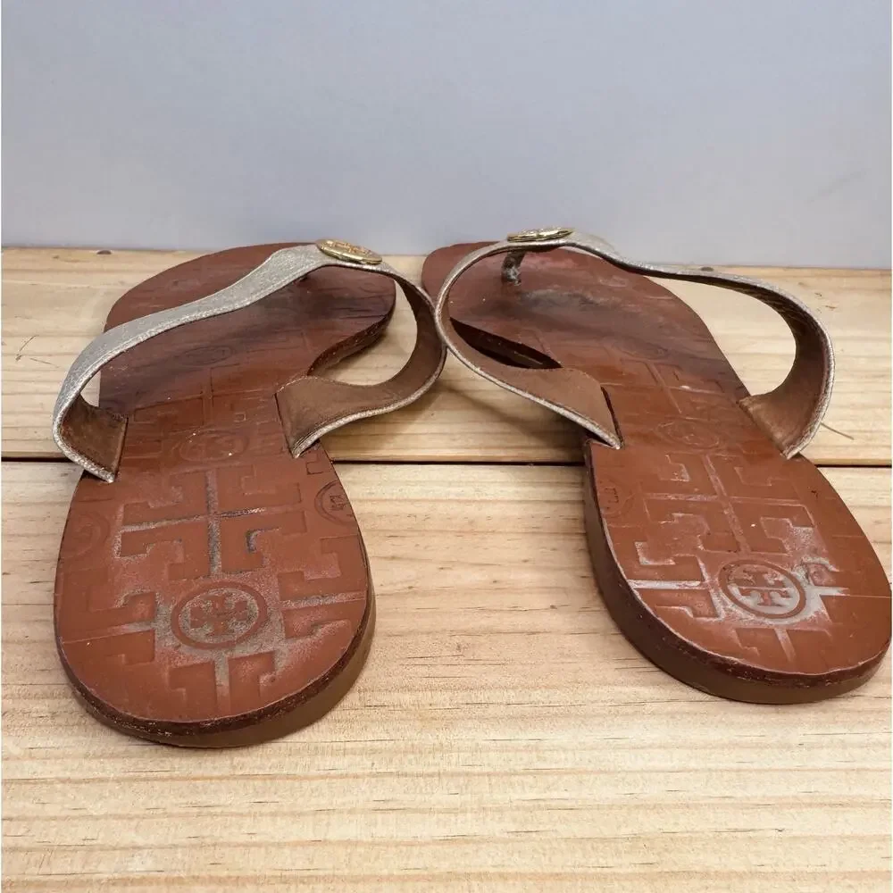 Tory Burch Manon Black Vachetta Leather Thong Sandals Flip Flops Size 8.5